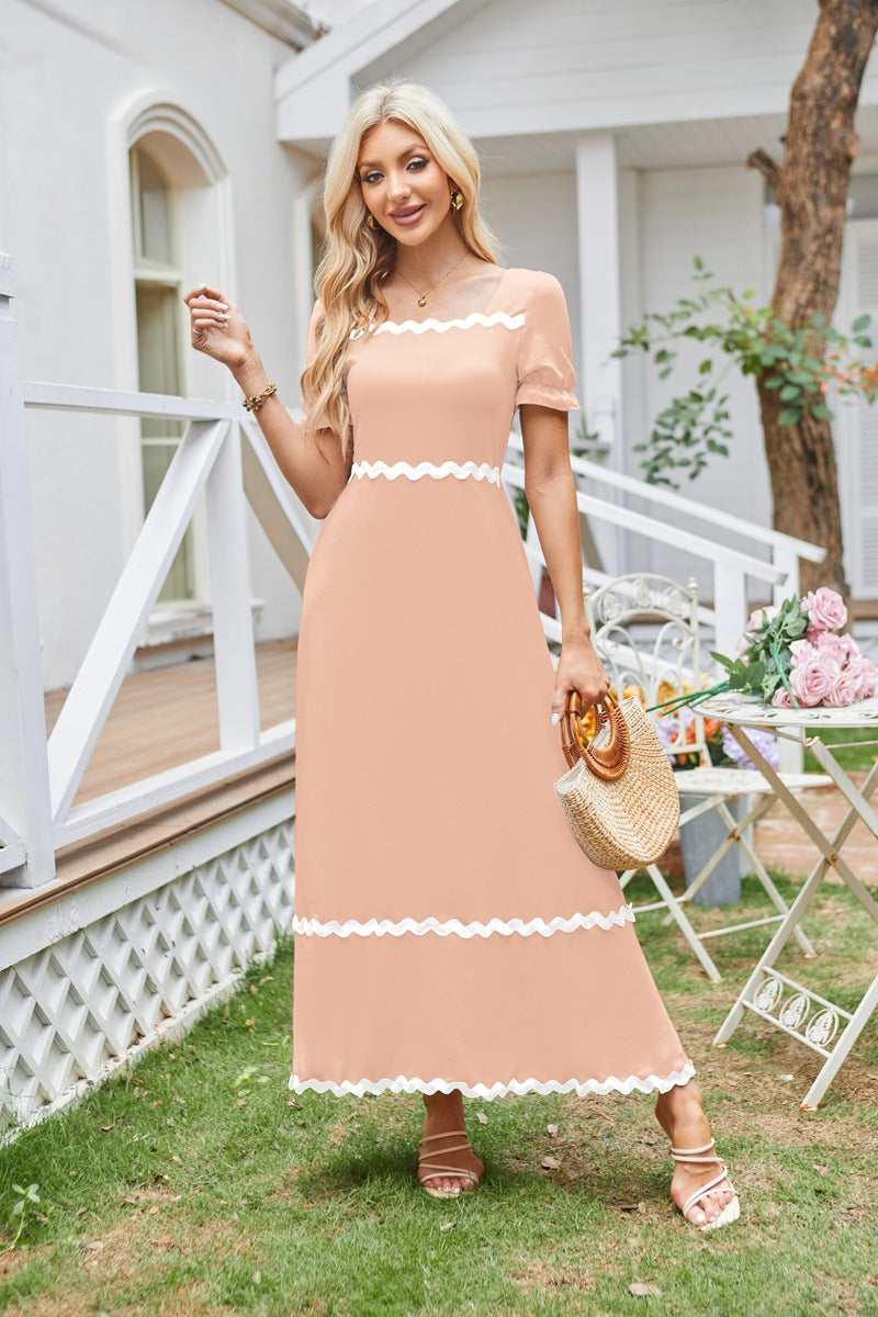 Peach Square Neck Contrast Tipping Maxi Dress