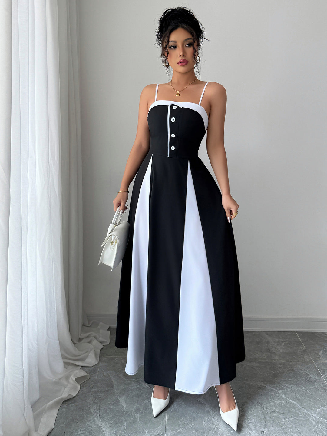Black Shoulder Strap Colour Block  Dress
