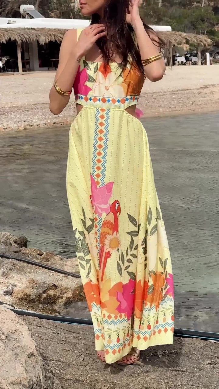 Yellow Shoulder Strap Waist Cut-Out Printed Dress