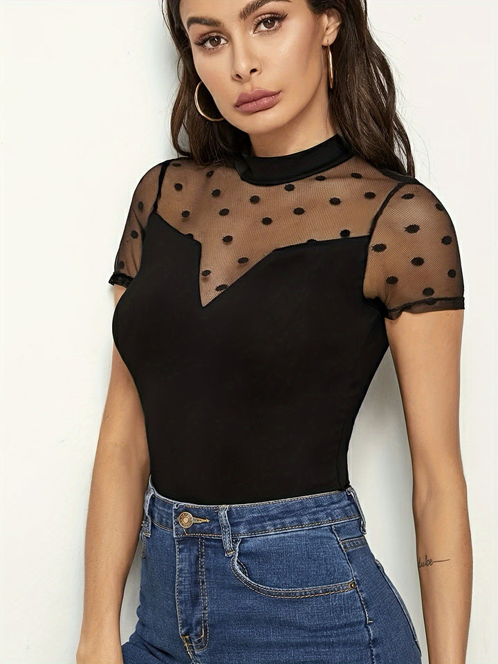 Black Short Mesh Sleeve High Neck Top
