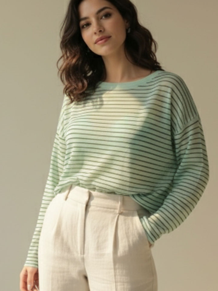 Green Full Sleeve Striped Relaxed Round Neck T Shirt