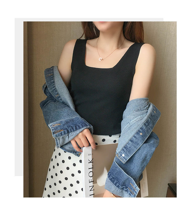 Black Shoulder Strap Basic Fitted  Top