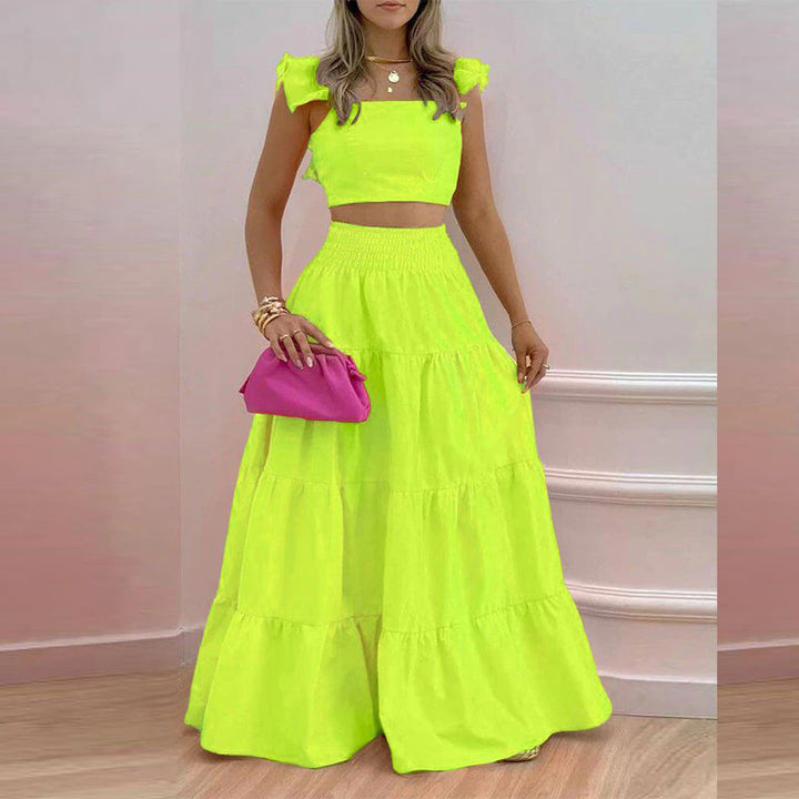 Green Ruffle Sleeves Tiered Flared Skirt Co-Ord Set