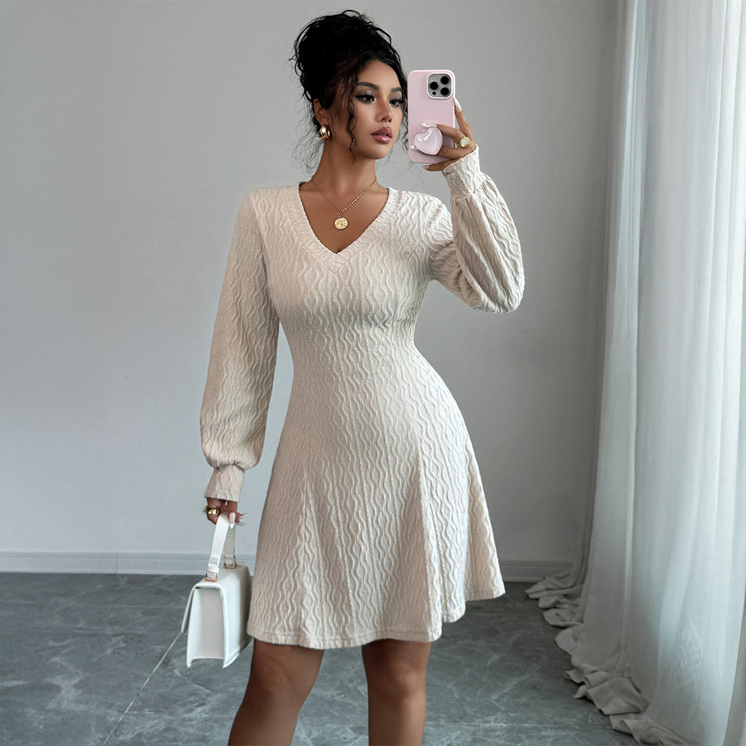 White Textured V Neck Mini Dress
