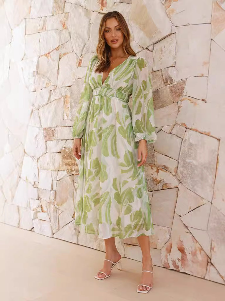 Green Plunge Neck Printed Midi Dress