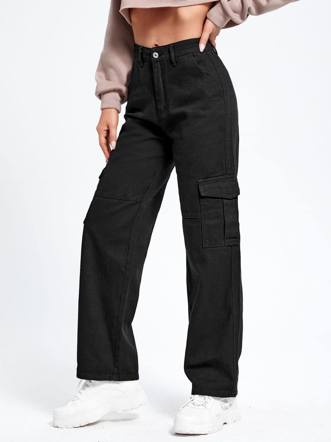 Black Cargo Pocket And Flap Pocket Detailed Jeans