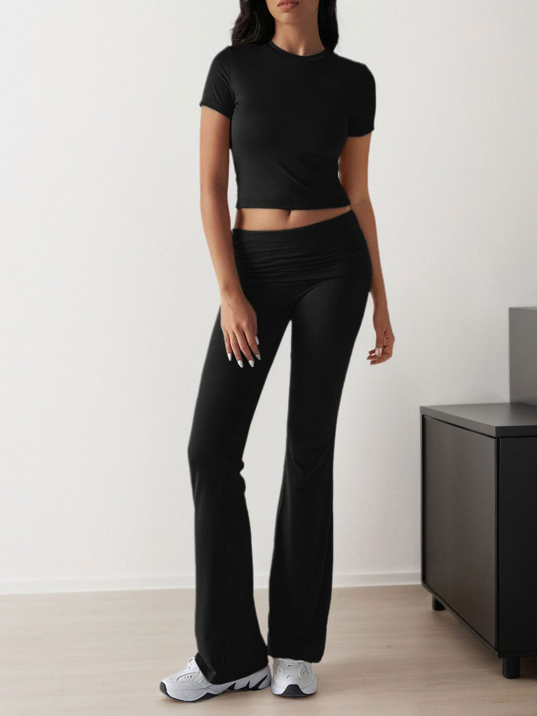Black Short Sleeve Top & Waist Ruched Pant Set