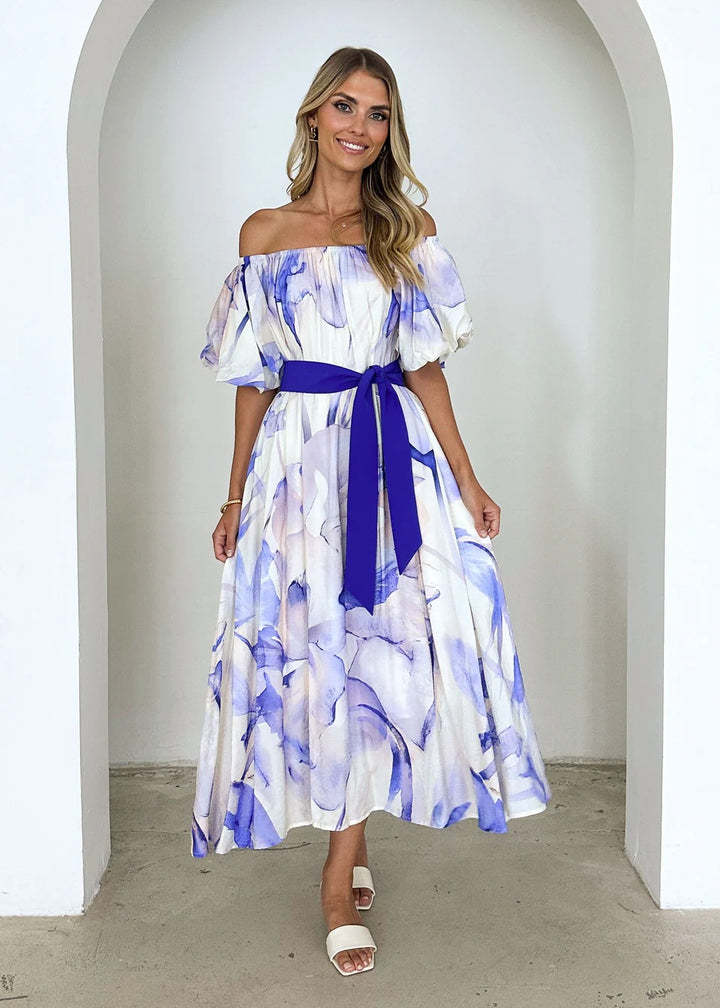 Blue Off Shoulder Waist Tie-Up Dress