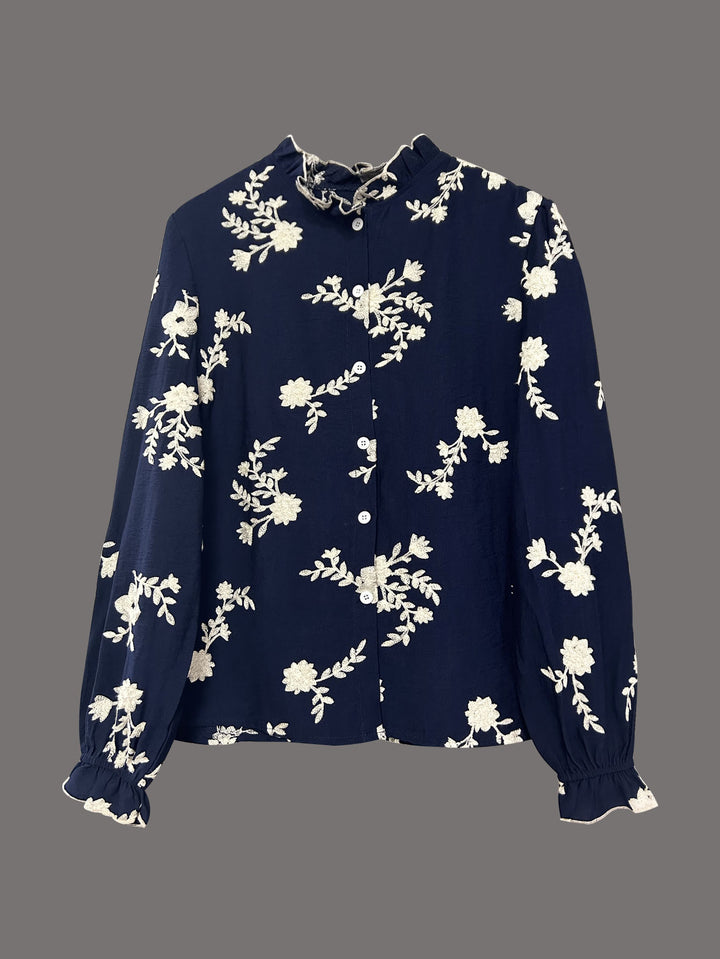 Navy Blue Bishop Sleeve Front Buttoned Embroidered Top