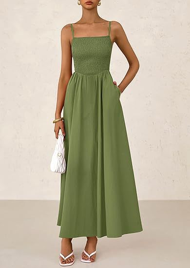 Olive Strappy Square Neck Cinched Waist Dress With Pockets