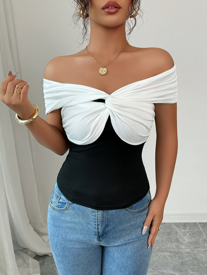 White Off-Shoulder Colour Block Top