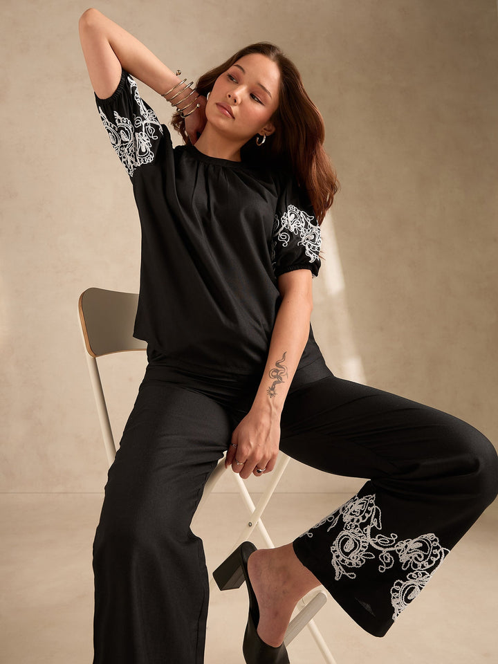 Black Co-Ord Set Embroidered Top With Straight Leg Trouser