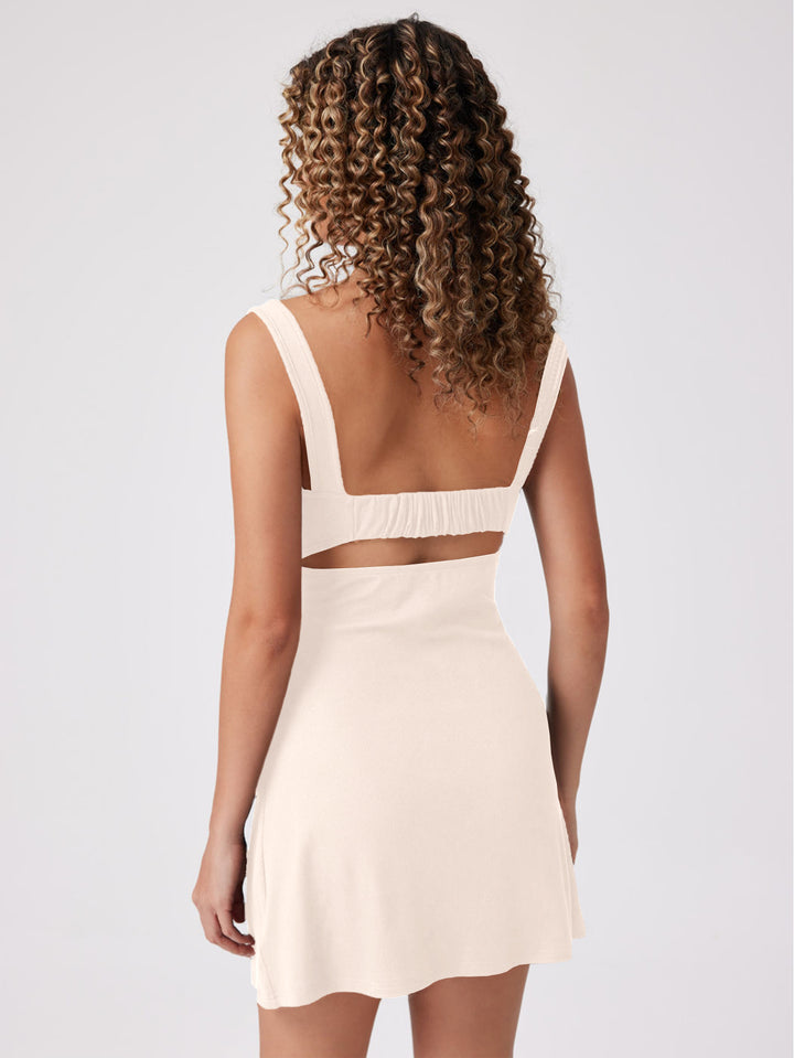 Cream Square Neck Ruched Dress