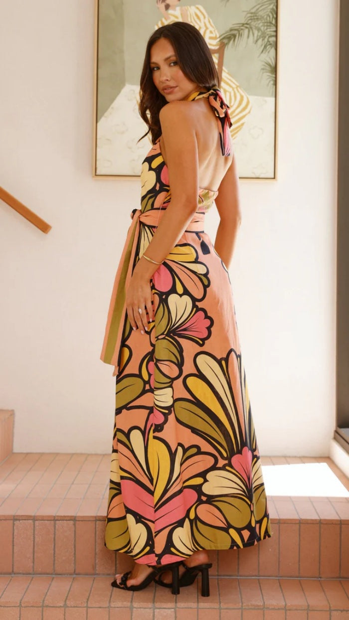 Green Abstract Printed Cross Halter Neck Dress