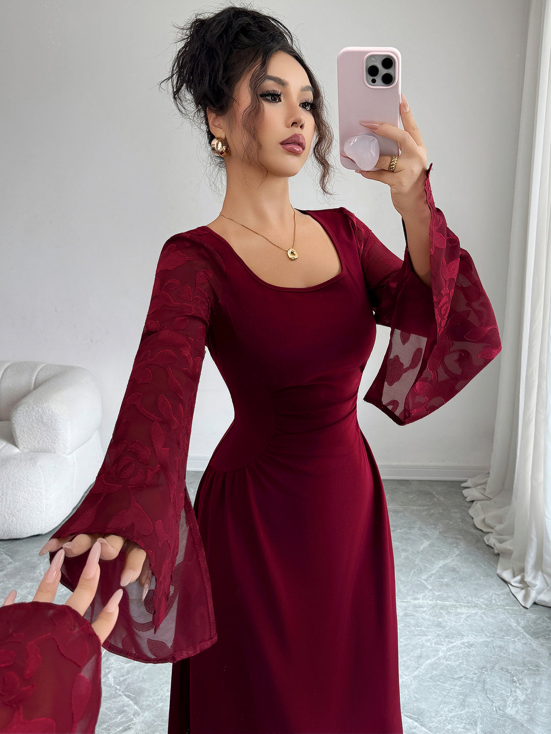 Maroon Bell Sleeve Scoop Neck Lace Detail Dress