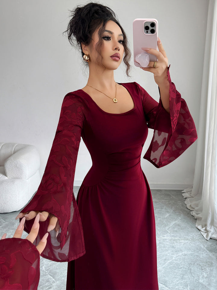 Maroon Bell Sleeve Scoop Neck Lace Detail Dress