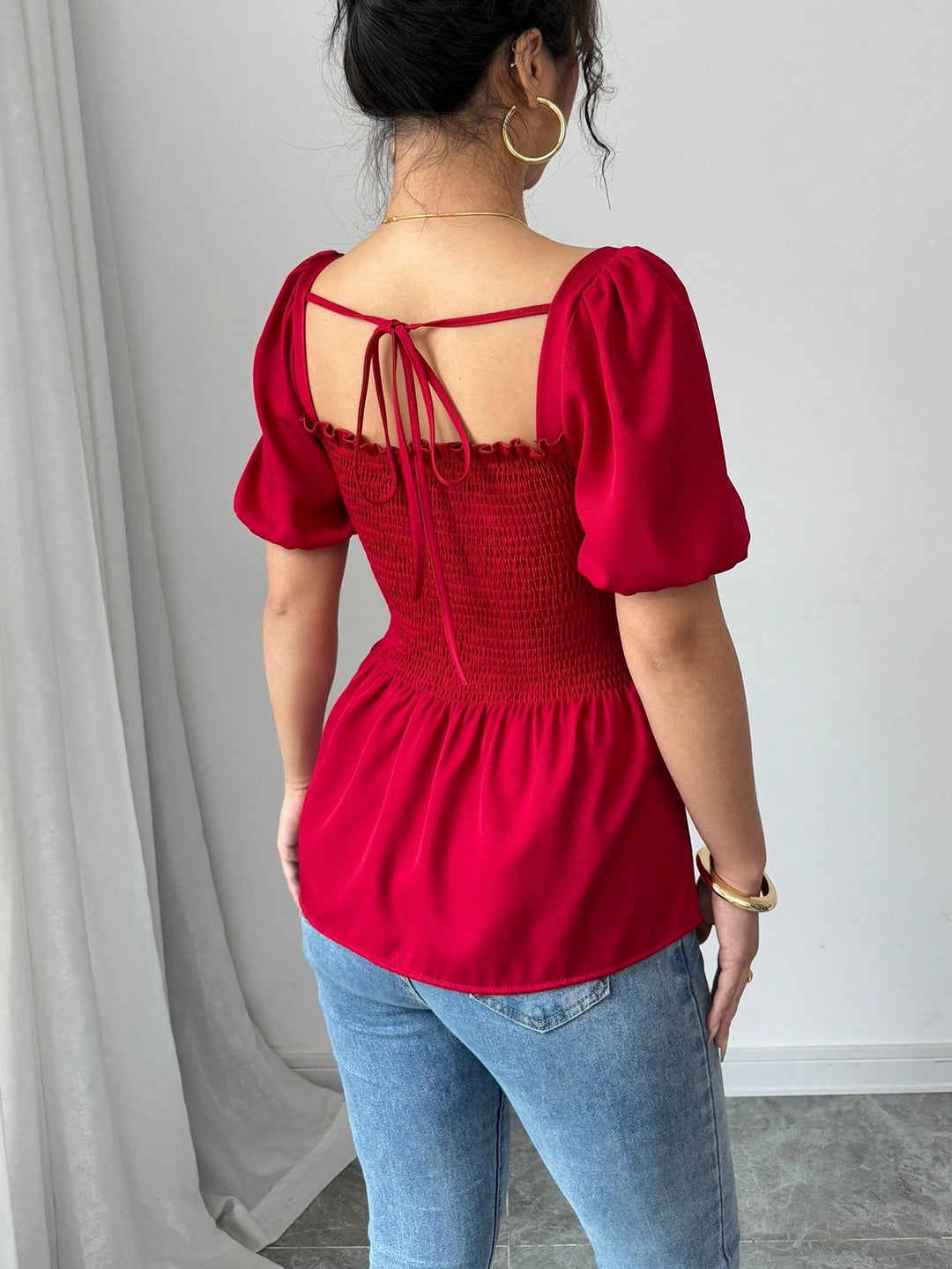 Red Puff Sleeve Square Neck Slit Top