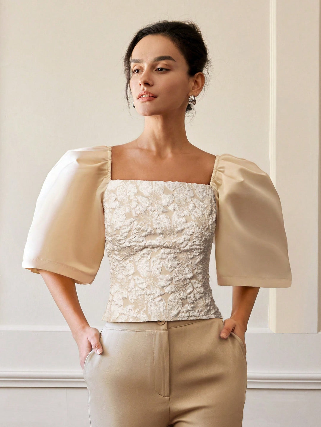 Beige Floral Textured Fitted Top