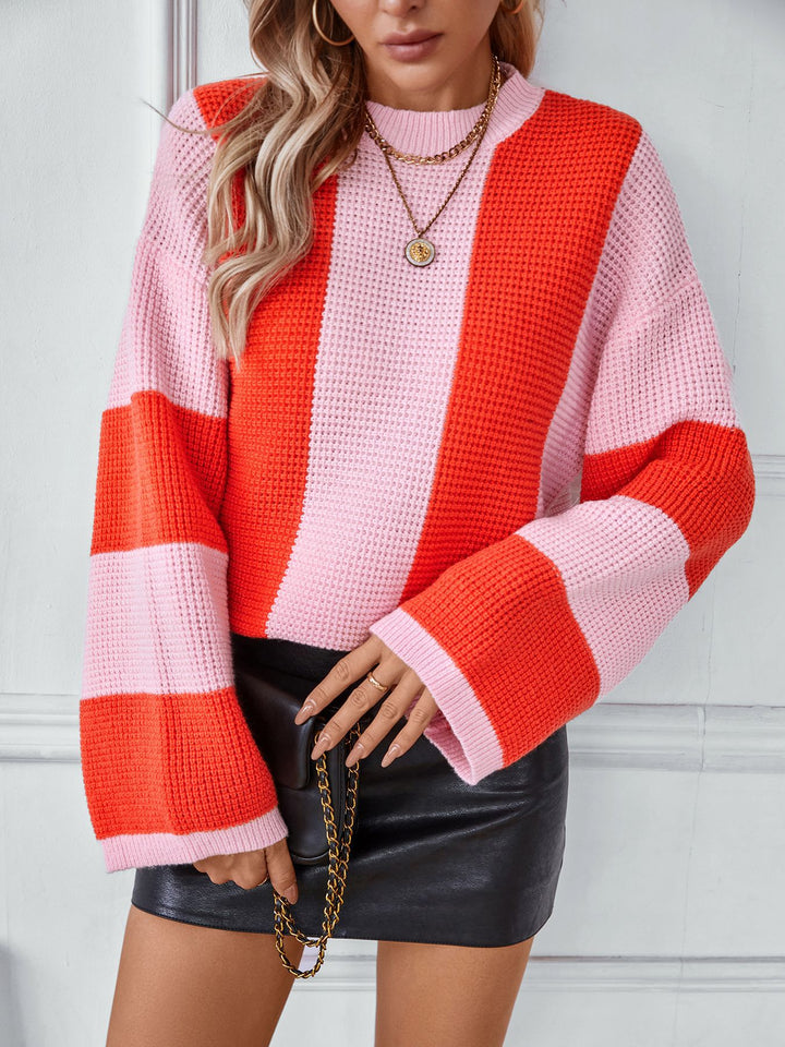 Orange Full Sleeves Colour Blocked Sweater