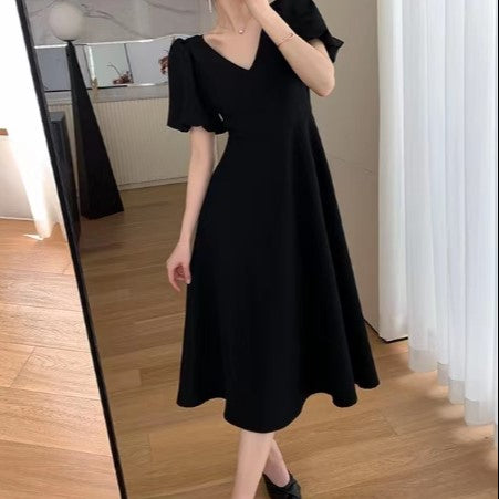 Black V Neck Flared Sleeve Dress