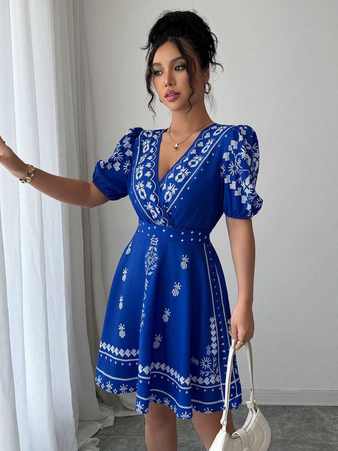 White Printed V-Neck Dress