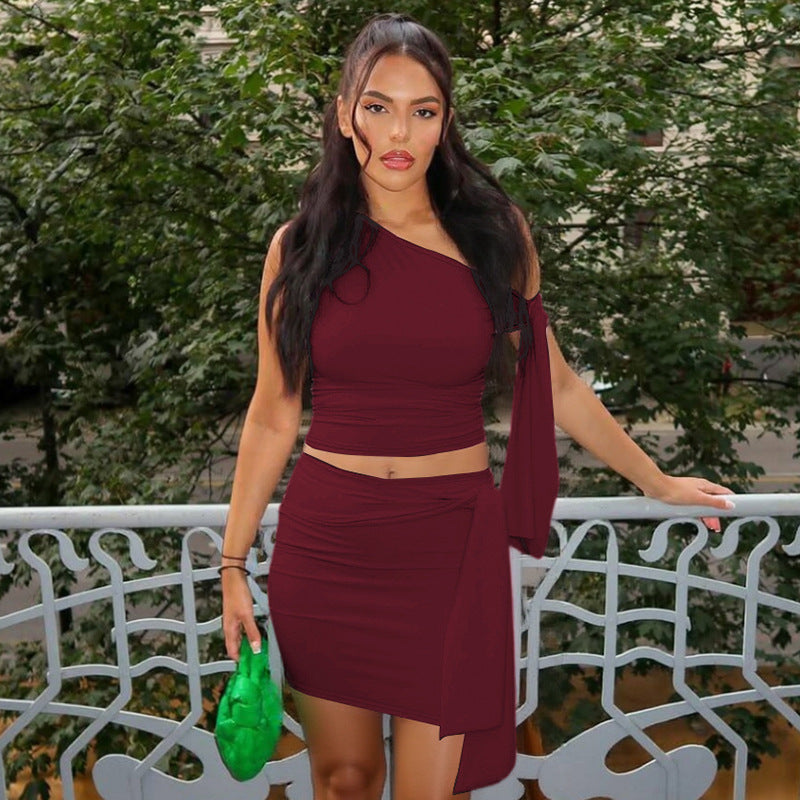 Burgundy One-Off Shoulder Top With Mini Skirt Co-Ord Set