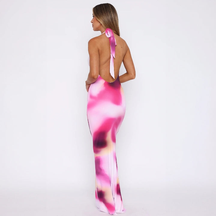 Pink Printed Cowl Neck Maxi