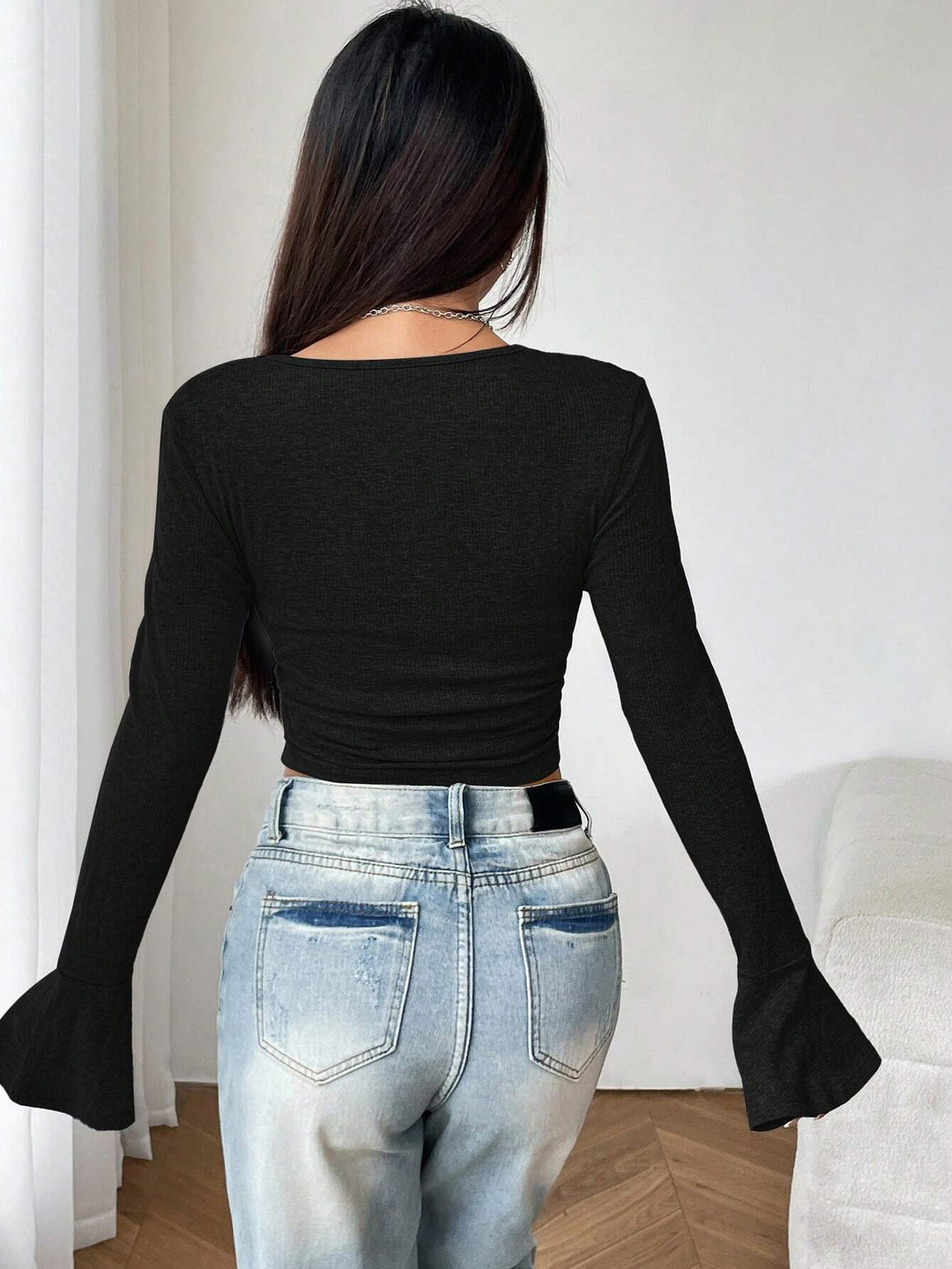 Black V Neck With Tie Up Detail Top