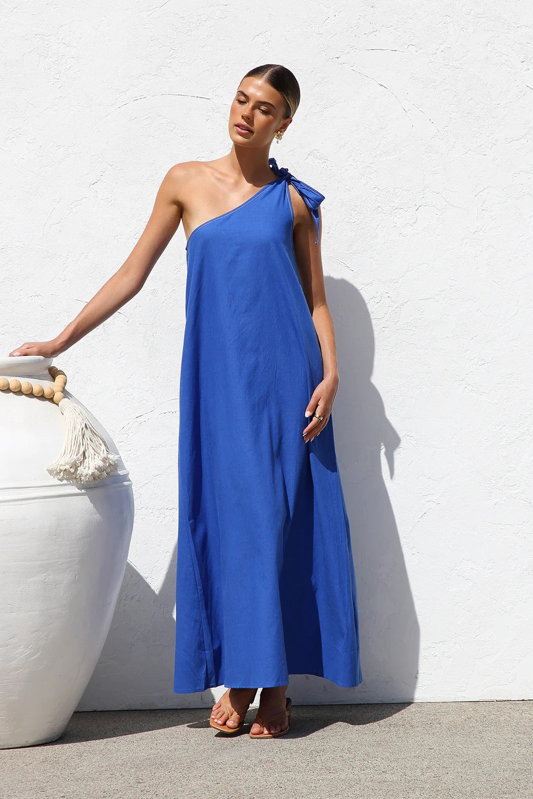 Blue  One Shoulder Tie-Up Dress