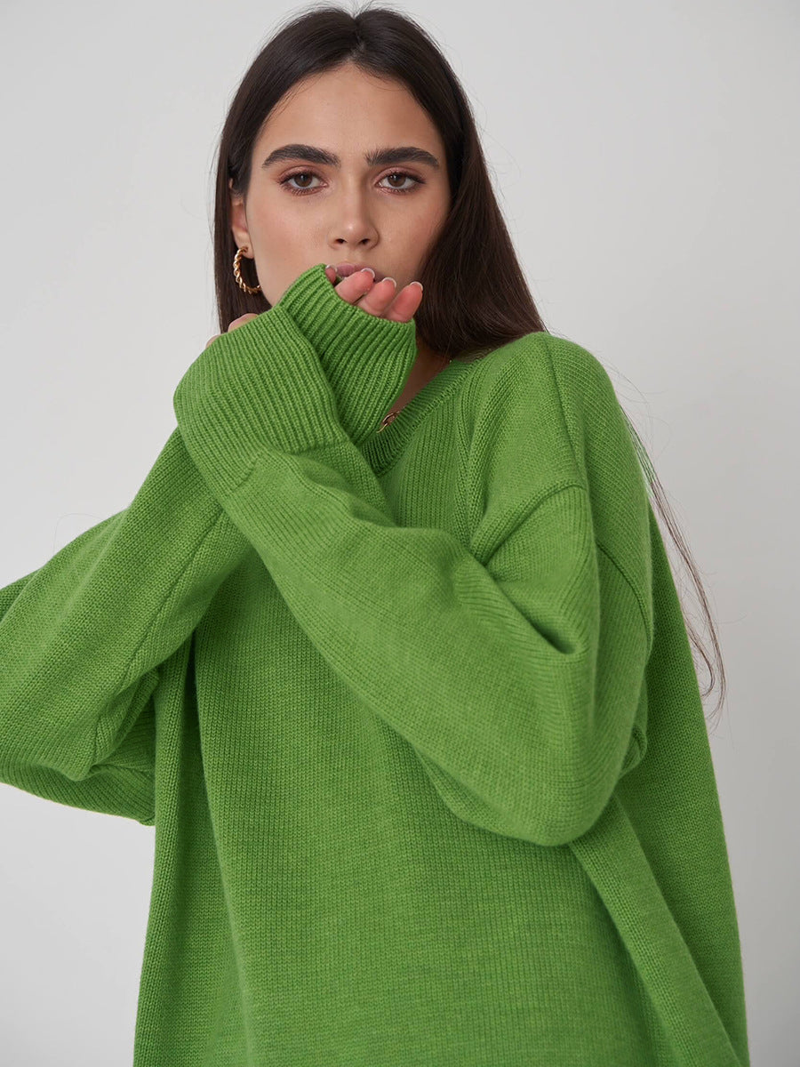 Lime Relaxed High Neck Solid Sweater