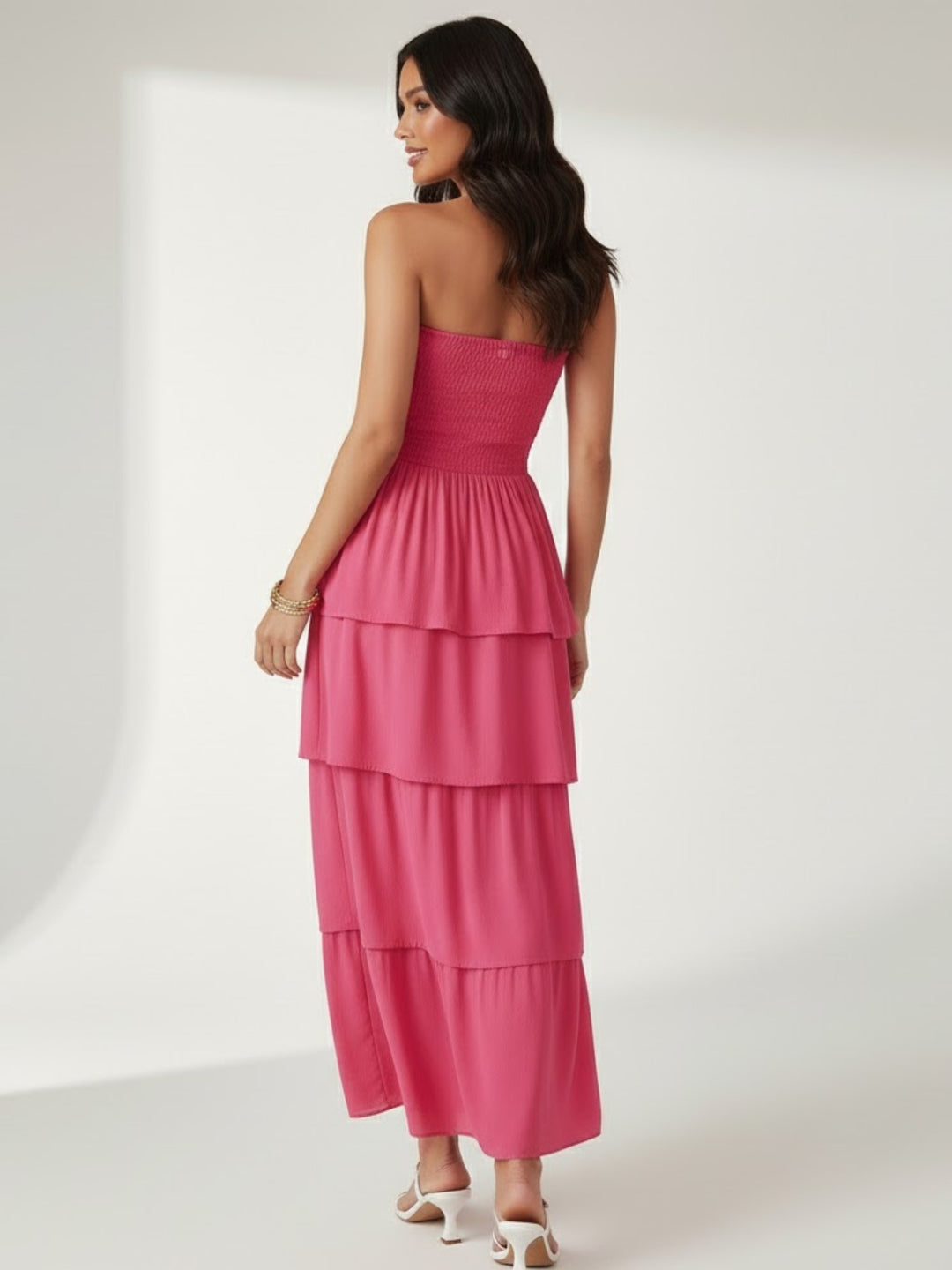 Pink Tube Smoked Dress With Ruffled Layers