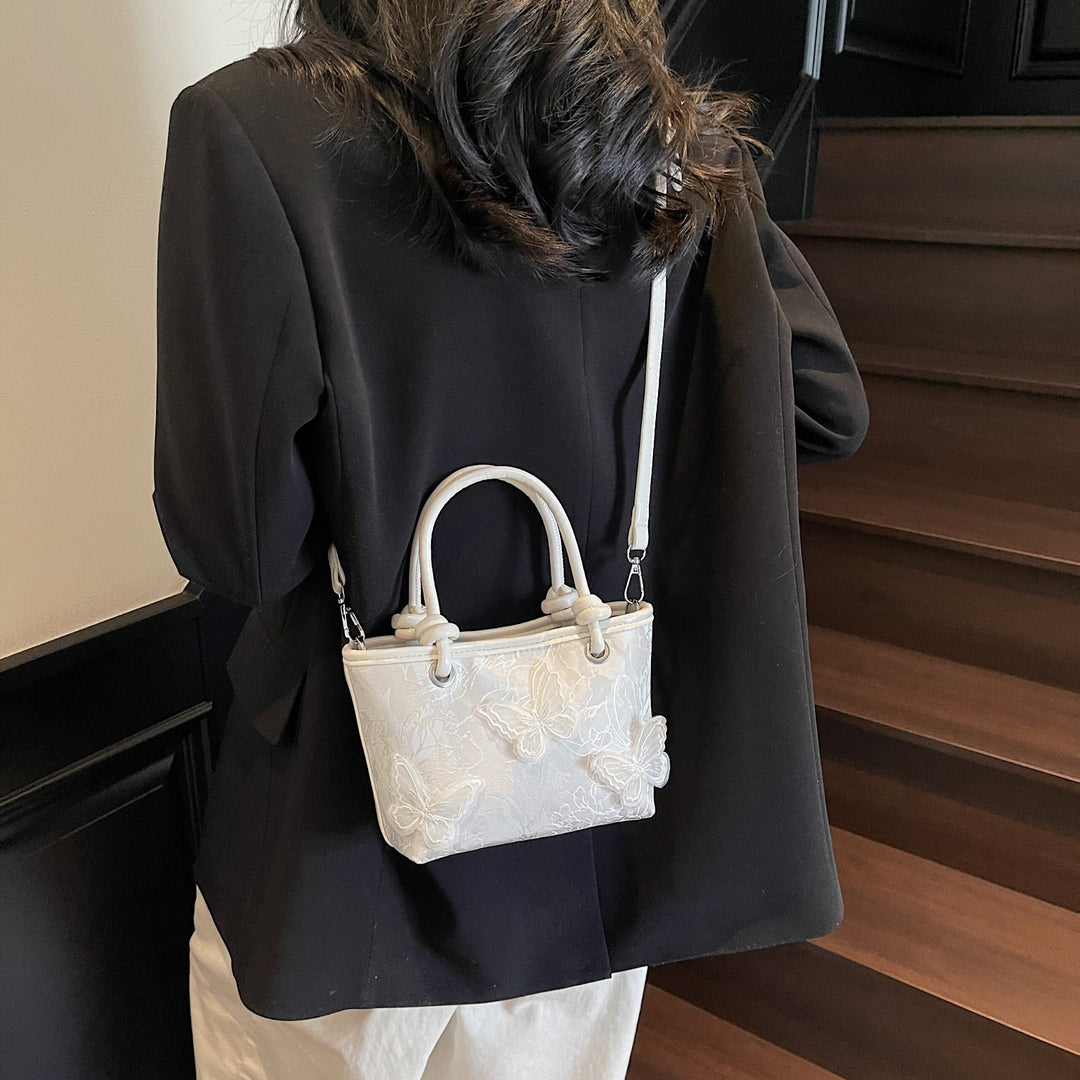 White Butterfly Embossed Hand Bag
