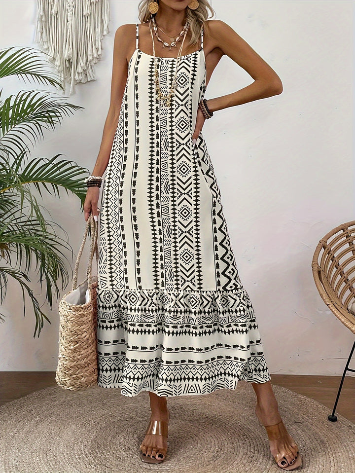 Off White Spaghetti Strap Printed Dress