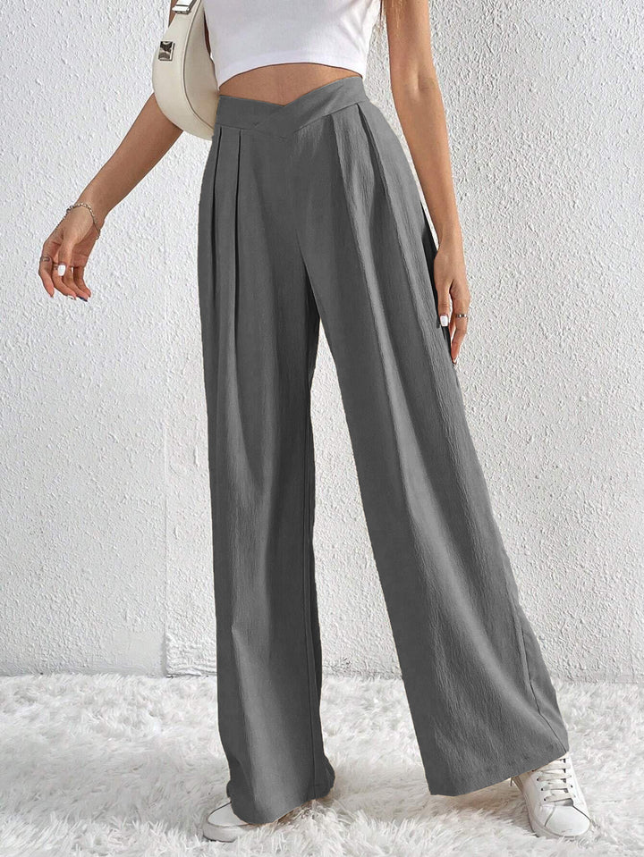 Grey Solid Wide Leg Pleated Trousers