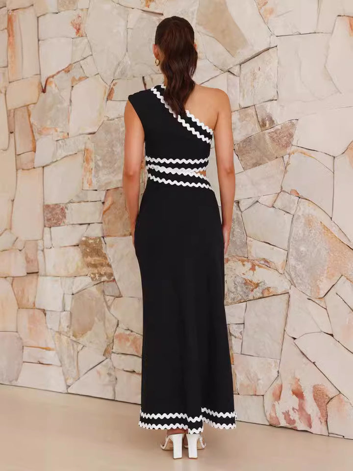 Black Contrast Binding One Shoulder Dress