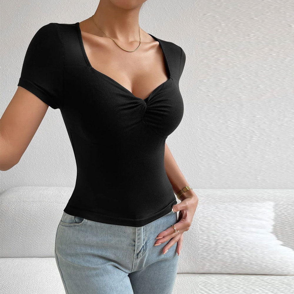 Black Short Sleeve Sweetheart Neck Top