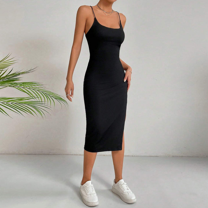 Black Shoulder Strap Side Slit Back Detail Dress