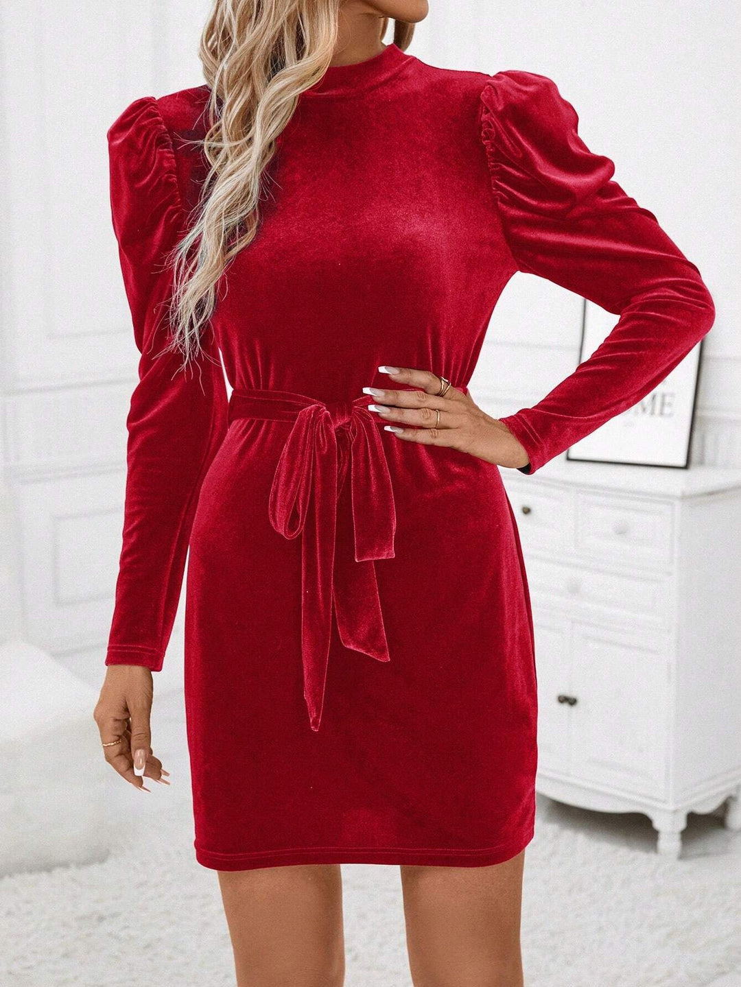 Red Full Puff Sleeved Bodycon Dress