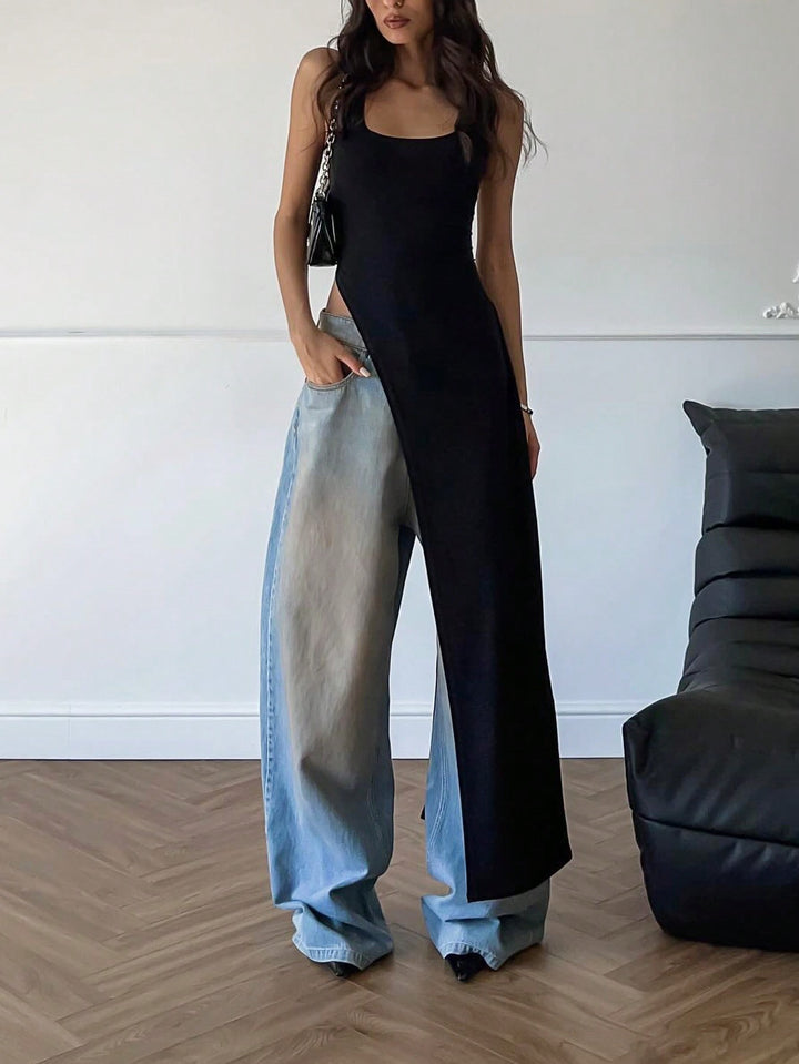 Black Sleeveless U- Neck Asymmetrical Top