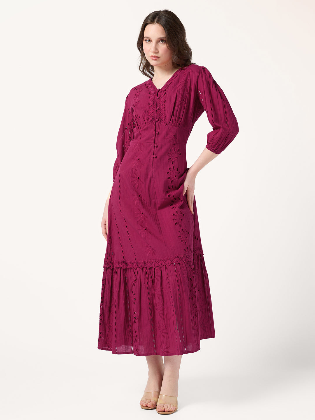Fuchsia Pink V Neck Schiffli Dress