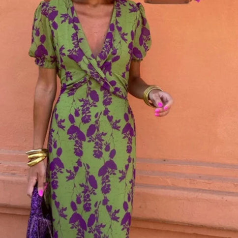 Green V Neck Waist Knoting Straight Midi Dress