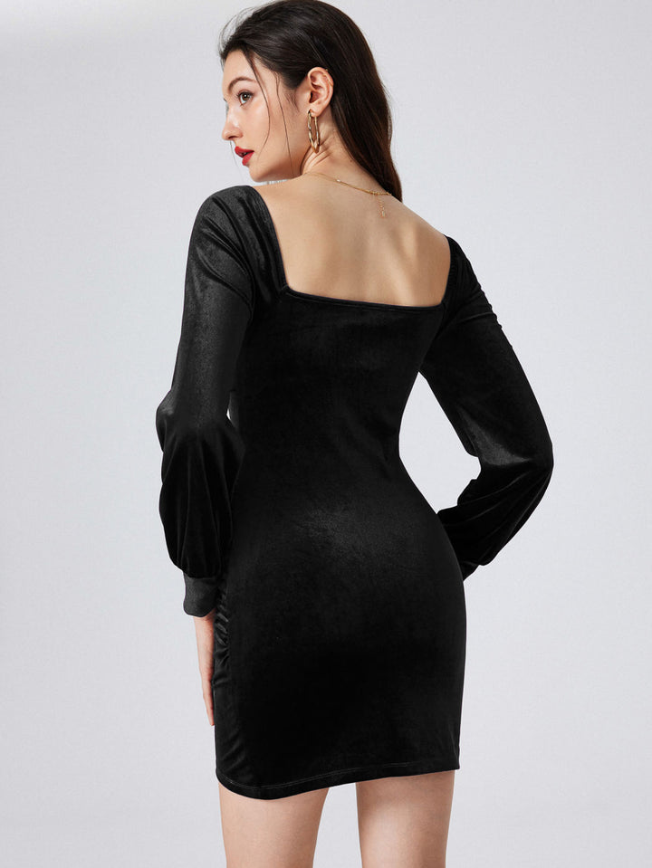 Black Sweetheart Neckline Wrap Hem Velour Dress