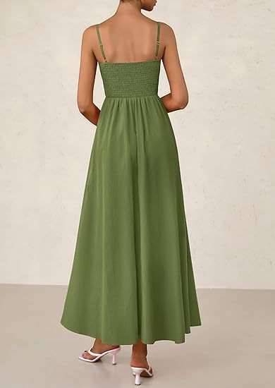 Olive Strappy Square Neck Cinched Waist Dress With Pockets