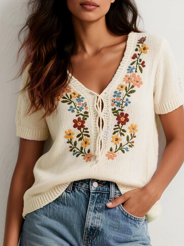 White Short Sleeve Embroidered Top