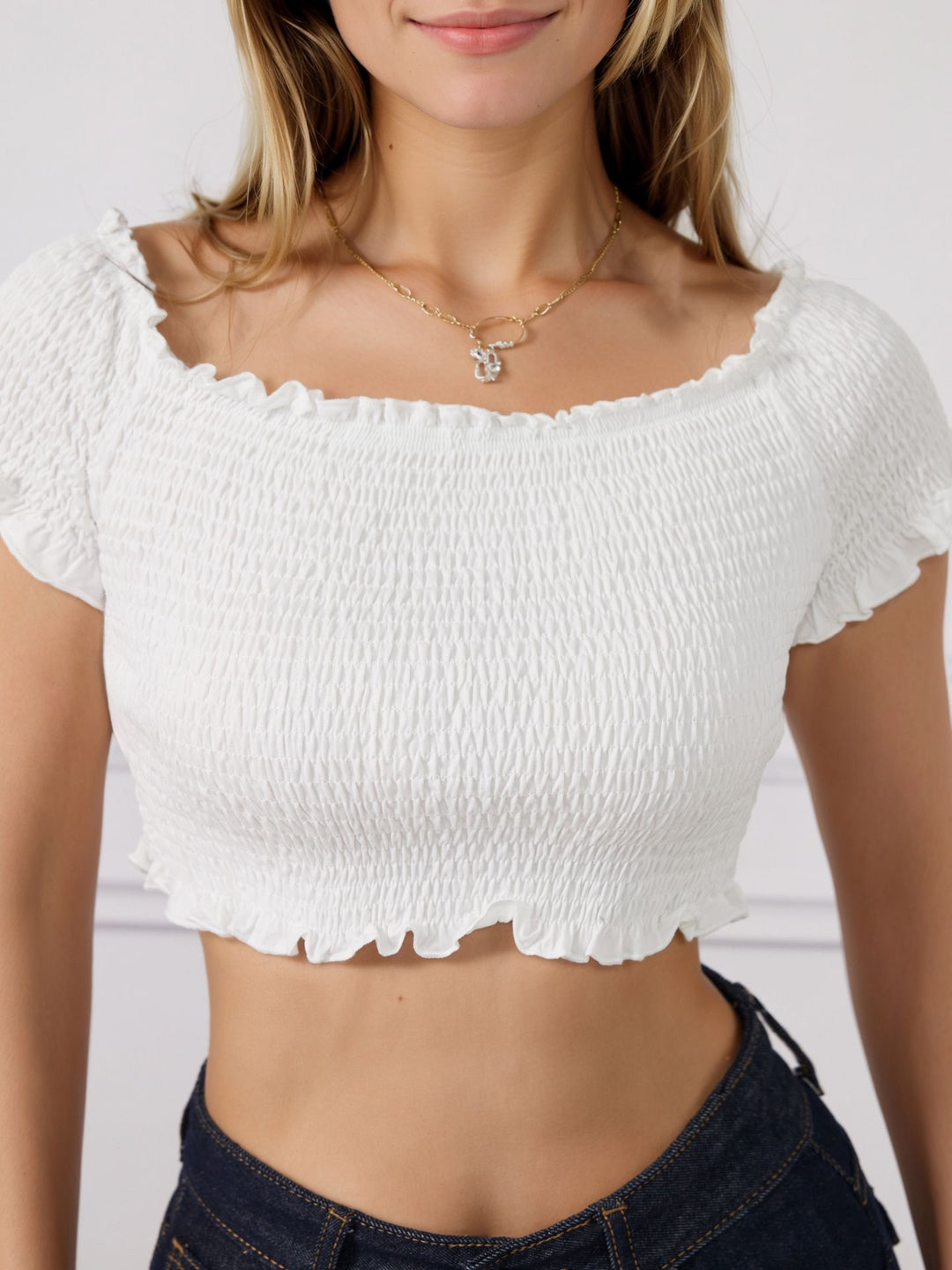 White Off-Shoulder Smocked Top