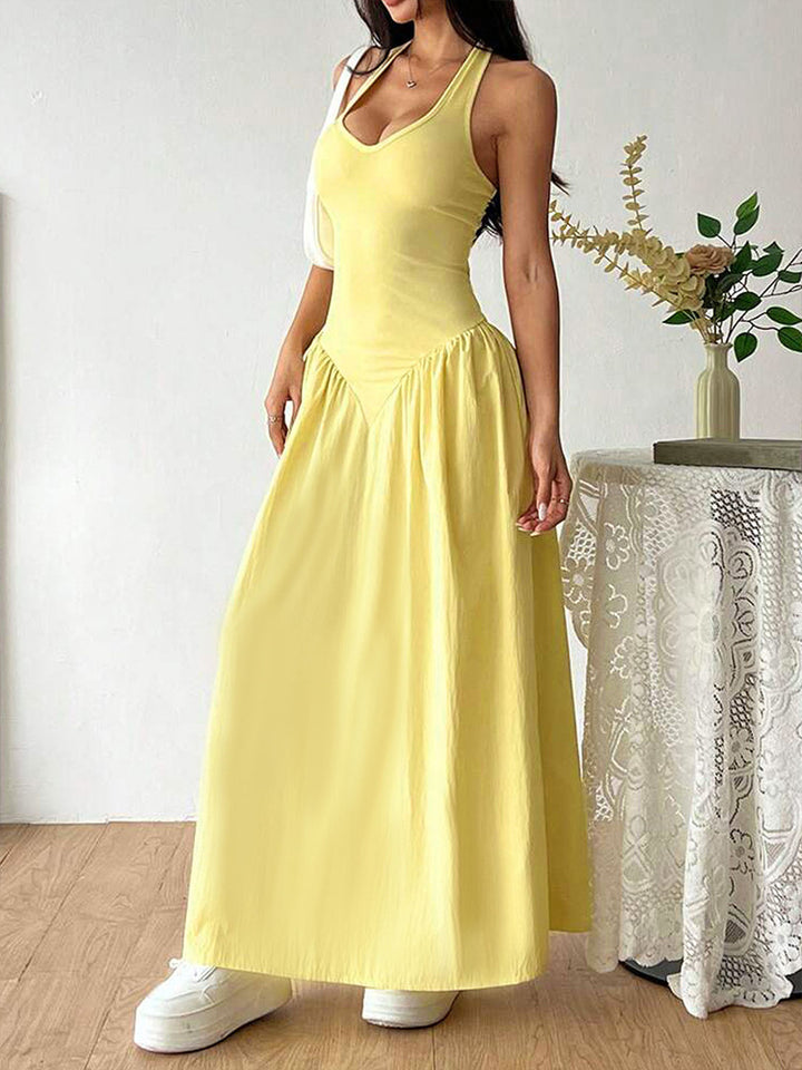 Yellow Pointed Waistline Halter Neck Dress