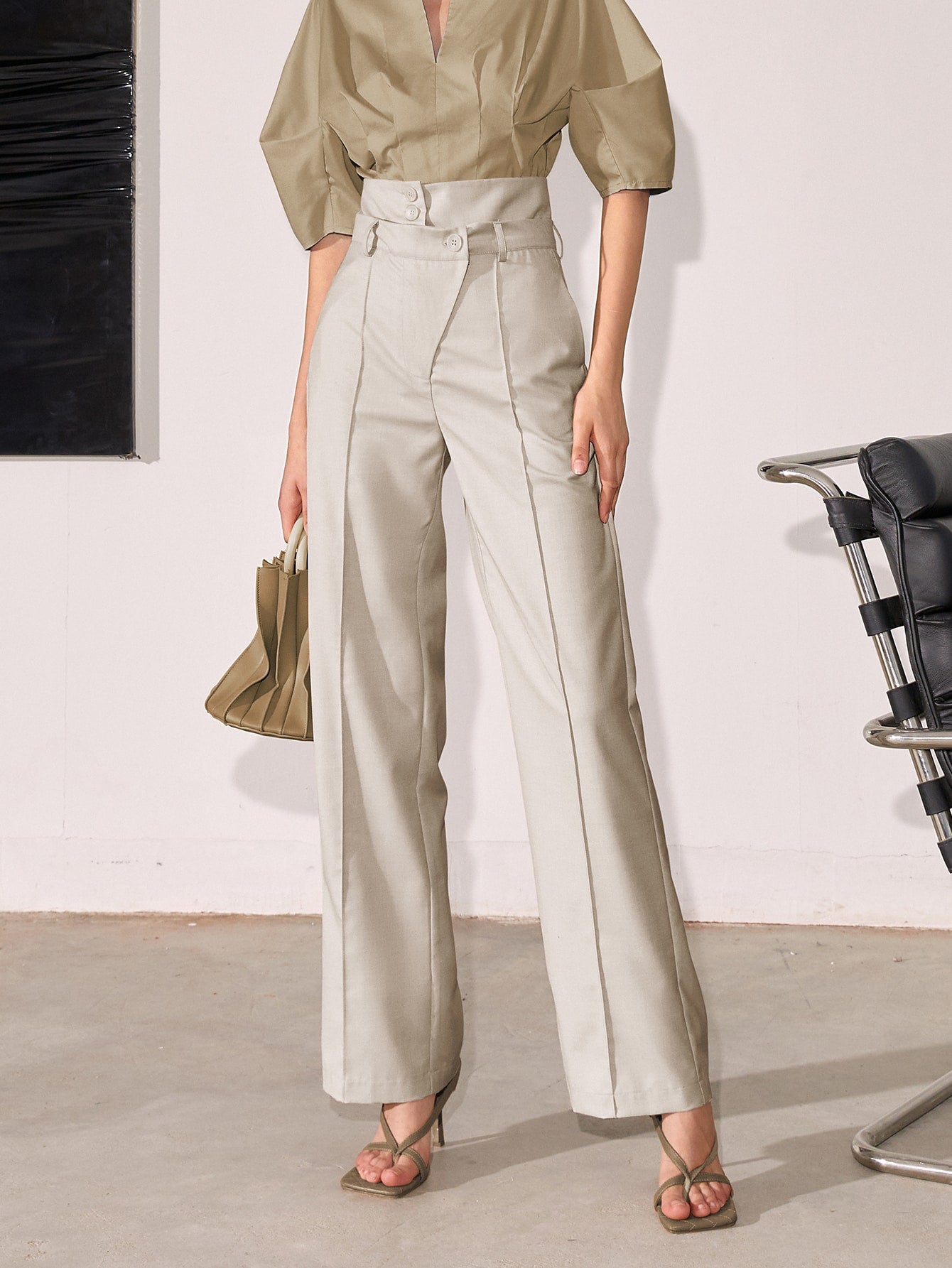 Cream High Waist Side Button Pant
