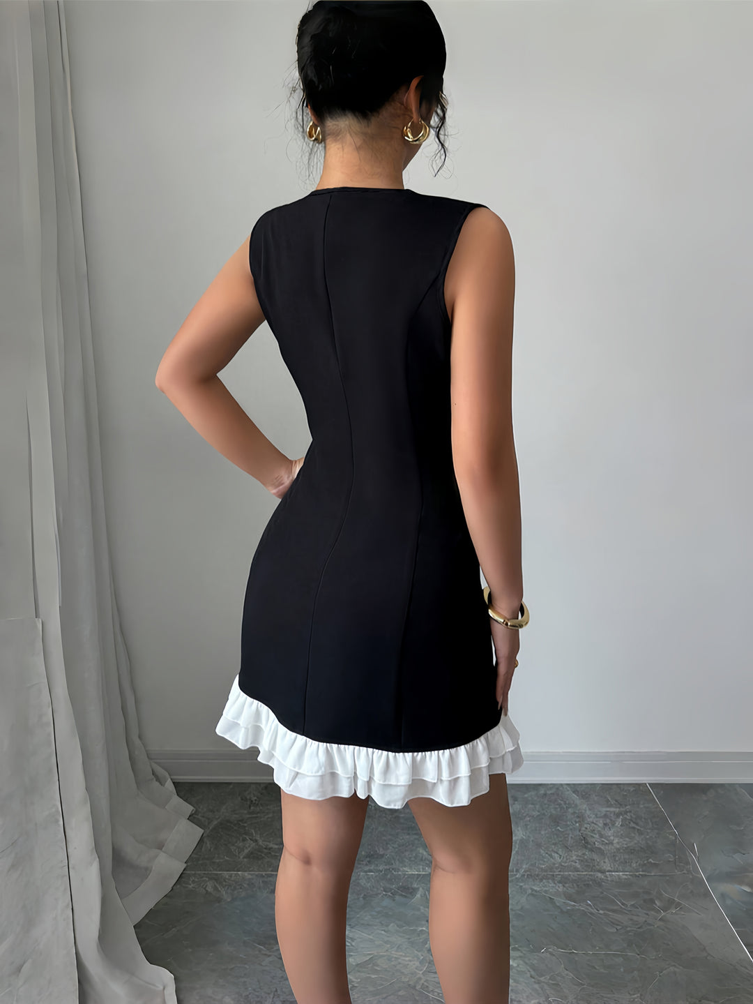 Black Crew Neck Ruffle Dress