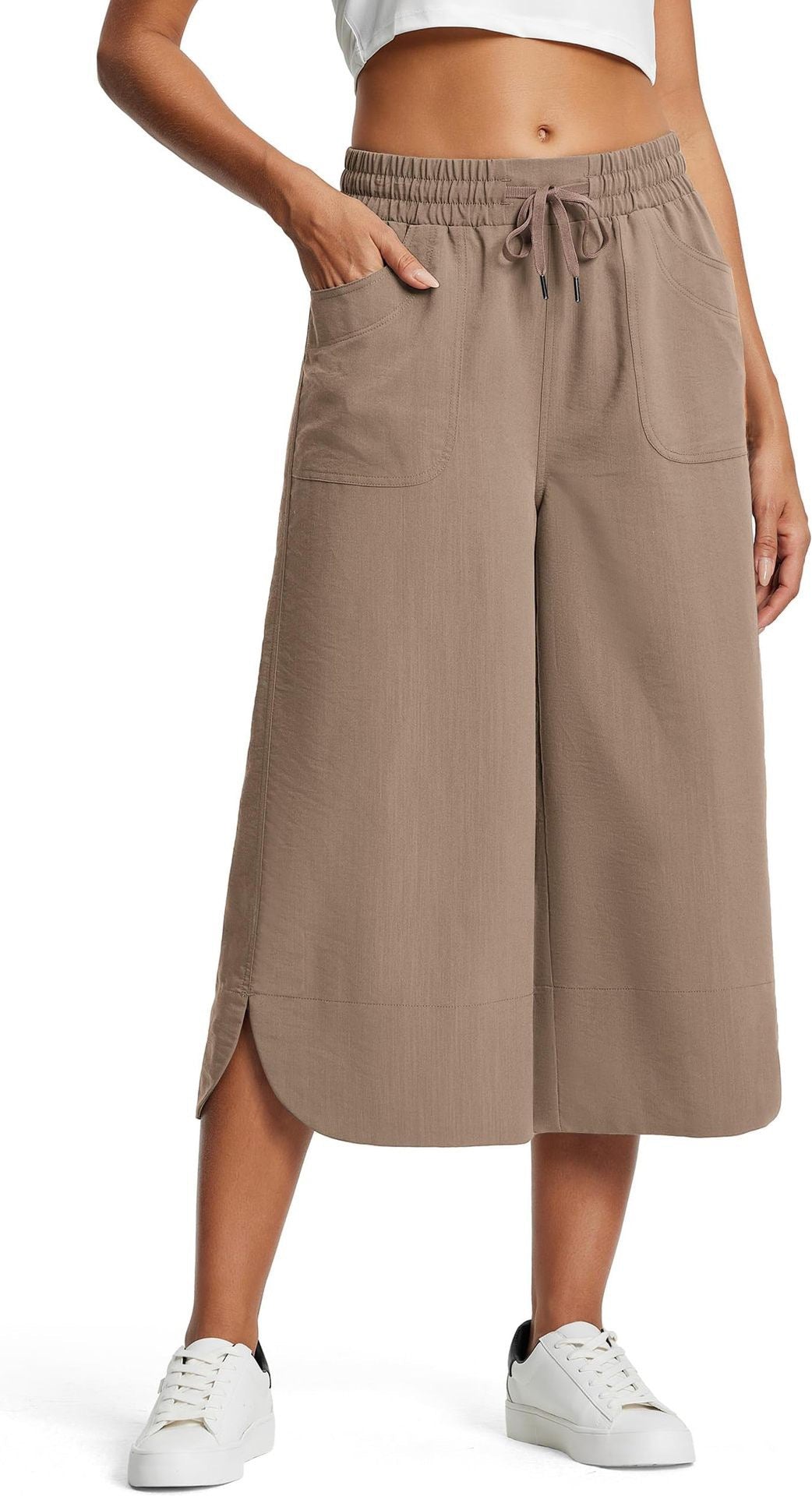 Beige Wide Leg Calf Length Trouser