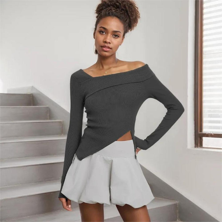 Grey Off-Shoulder Asymmetric Hem Top